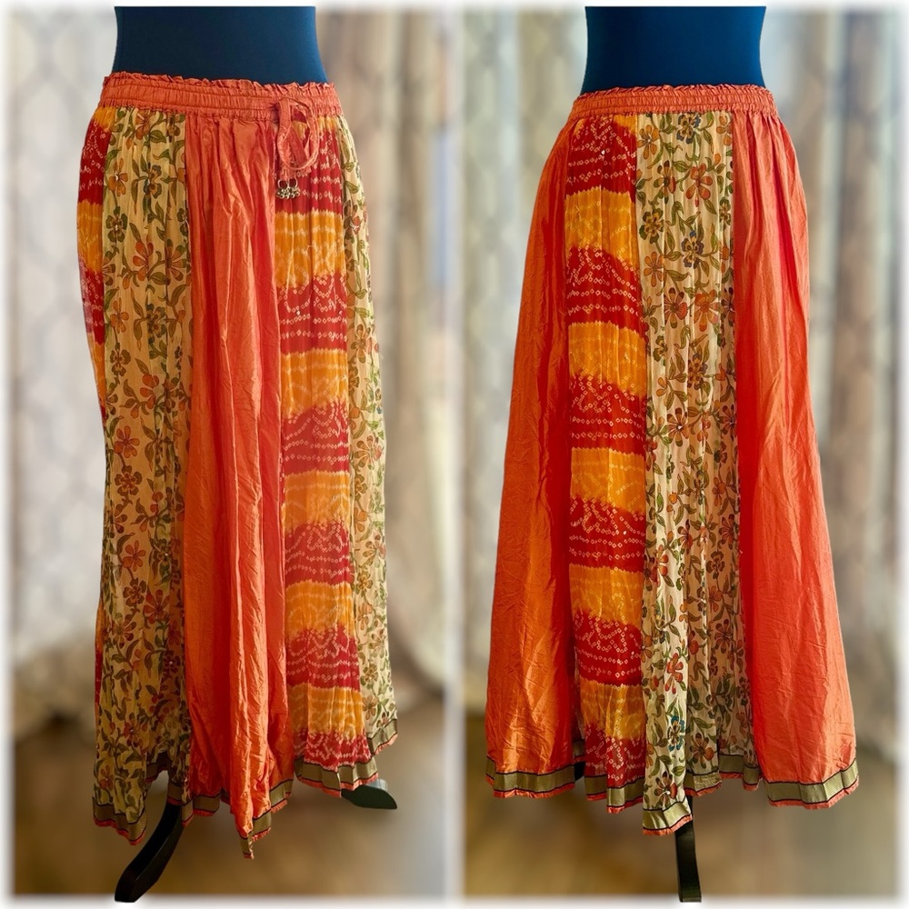 EUC Natural Boho Silk Blend Broomstick Peasant Maxi Skirt